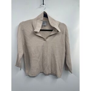 Liv Milano Sweater Women Medium Beige Ribbed Knit Rhinestone Collar Classic NWOT